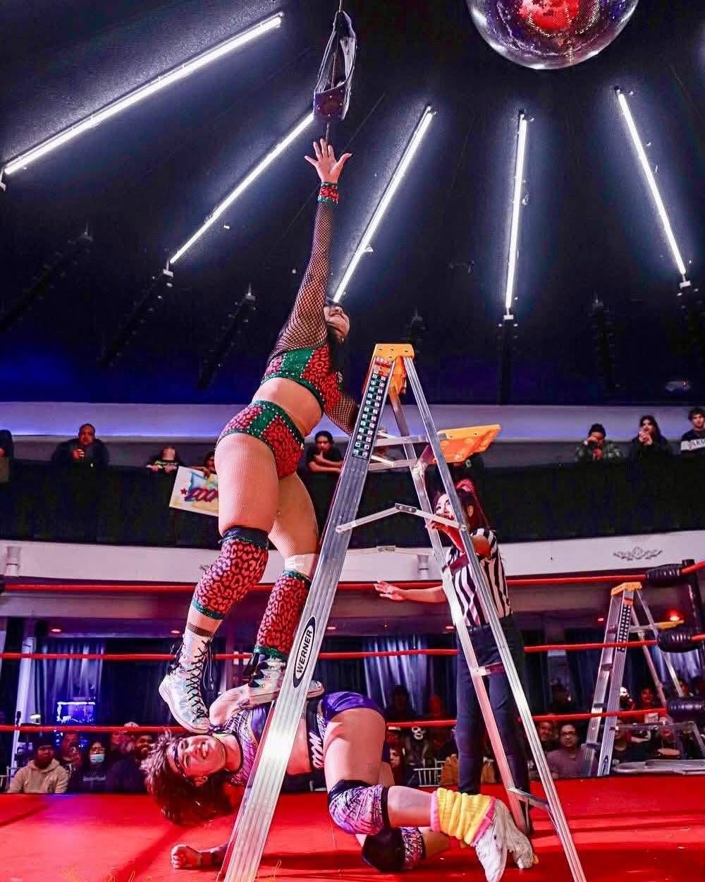Gypsy Mac in a red and green leopard-print outfit standing on an opponent and a ladder, reaching for a briefcase hanging above the ring